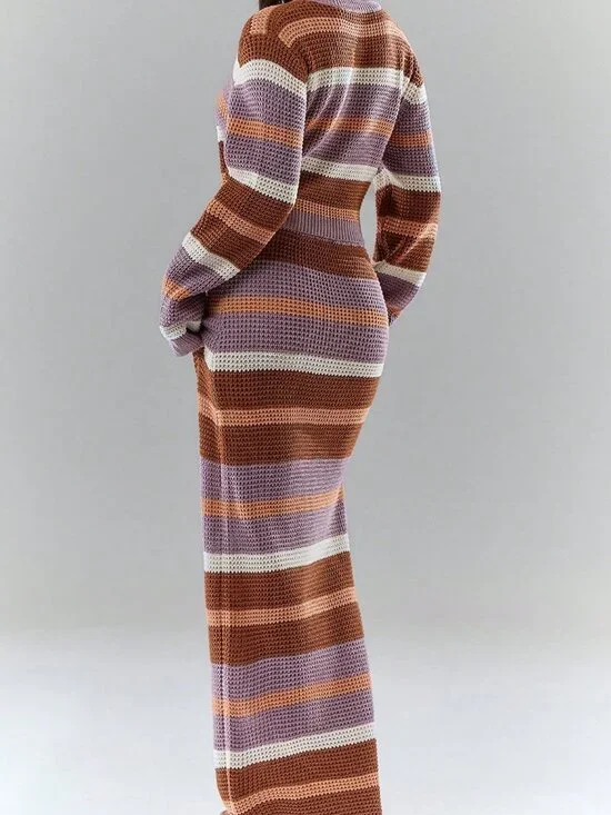 Casual Women's Striped Long Sleeve Knit Cardigan And Knit Skirt Set - Picture 3 of 7